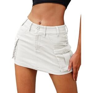 White Stretch Cargo Mini Skirt Size Medium Y2K Festival Pockets Elleven NEW